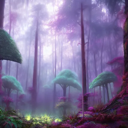 Image similar to concept art painting of a mystical alien fantasy forest, with fog and strange colorful plants, realistic, detailed, cel shaded, magenta and blue and green, in the style of makoto shinkai and greg rutkowski and james gurney