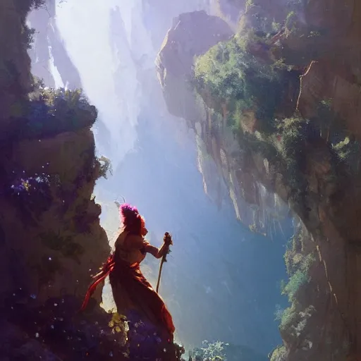 Image similar to oil art of young roma mage adventurer climbing down a cliffside in style of disco elysium character, gipsy jester character design from ravenloft, art by anders zorn, wonderful masterpiece by greg rutkowski, beautiful cinematic light, american romanticism by greg manchess, jessica rossier