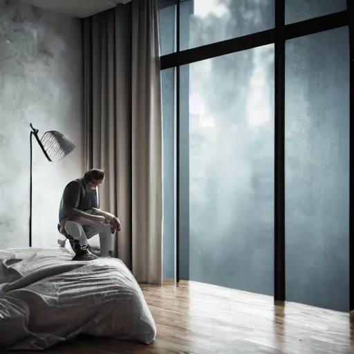 Image similar to a man looking out a window while sitting on a bed in a dark room inside another person's head and it is raining heavily outside cinematic photorealistic 8k octane render exquisite detail