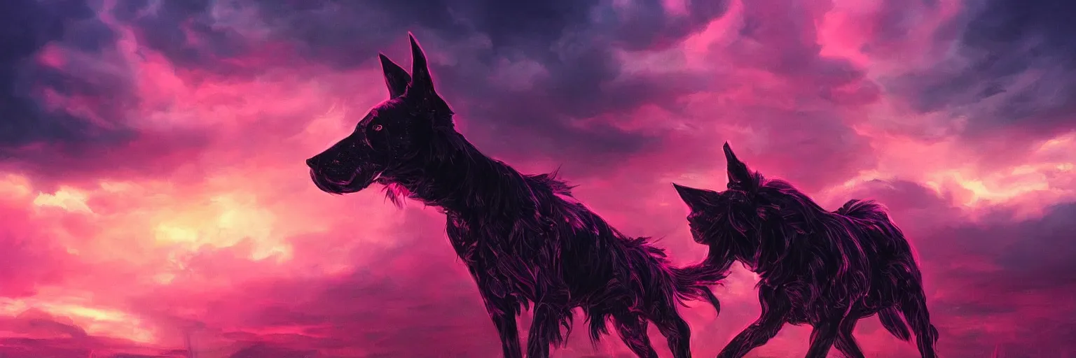 Image similar to hyperdetailed illustration, portrait big dark dog, mohawk, stars, pink, pirate neon ship, neon, oil painting, rich deep colors masterpiece, ultra detailed, contrast, heaven pink, clouds, volumetric light, atmospheric lighting, dramatic, cinematic, moody, octane render 4 k, 8 k