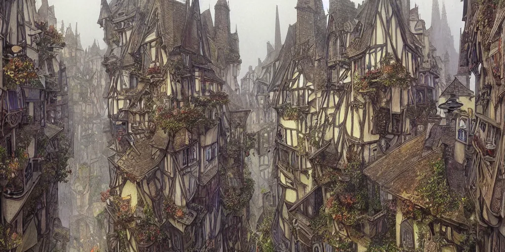 Prompt: a multi - level steep gothic dickensian village, art nouveau, baroque winding cobbled streets, style of arcane, magic the gathering, misty alleyways, tiled roofs, balconies, medieval tumbledown houses, st cirq lapopie, by brian froud and mucha and alan lee