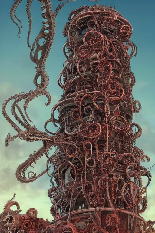 Image similar to lovecraftian biomechanical machine tower with fleshy tendrils and eyeball at top overlooking dystopian wasteland, highly detailed, colorful with red hues