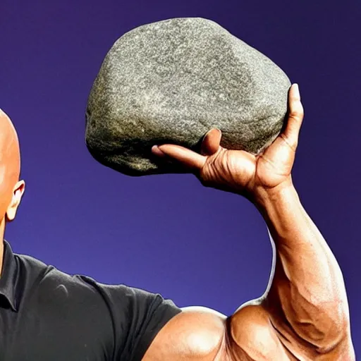 Prompt: dwayne johnson holding a giant rock above his head