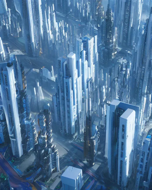 Image similar to utopian city, white buildings, by Leon Tukker, Makoto Kobayashi, synthetic light, blue trees, people on the streets, utopia, perfect, futuristic, 8k high detail, masterpiece, trending on ArtStation