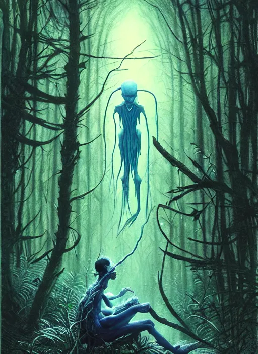 Image similar to hyper realistic magic alien in the woods in a river gorgeous lighting, lush forest foliage blue sky a hyper realistic ink drawing by chiara bautista and beksinski and norman rockwell and greg rutkowski, tom bagshaw weta studio, and lucasfilm