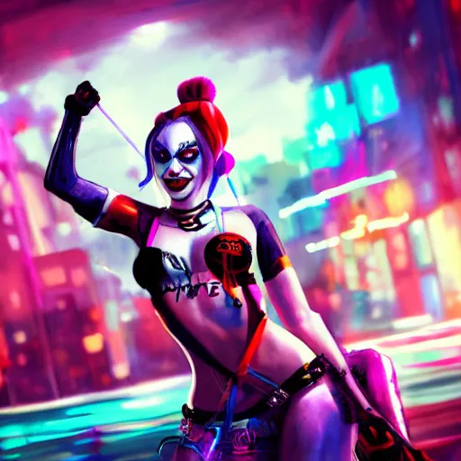 Harley Quinn in a cyberpunk street, concept art,, Stable Diffusion