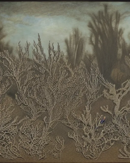 Image similar to a coral reef, made of intricate decorative lace leaf skeleton, in the style of the dutch masters and gregory crewdson, dark and moody