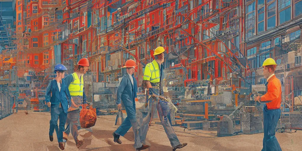 Prompt: workers going about their day in the year 2060 by Alex Heywood, beautiful detailed photorealistic modern digital illustration, deep emotional bright colors