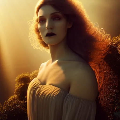 Image similar to photographic portrait of a stunningly beautiful gothic art deco female in soft dreamy light at sunset, god rays, contemporary fashion shoot, by edward robert hughes, annie leibovitz and steve mccurry, david lazar, jimmy nelsson, breathtaking, 8 k resolution, extremely detailed, beautiful, establishing shot, artistic, hyperrealistic, beautiful face, octane render