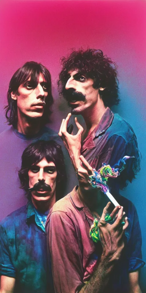 Image similar to award winning photo of pink floyd and frank zappa tripping on lsd and smoking weed, vivid colors, happy, symmetrical face, beautiful eyes, studio lighting, wide shot art by Sally Mann & Arnold Newman