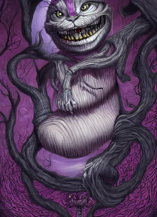 Image similar to cheshire cat the magician tarot card, highly detailed, half skull face, cinematic, 8 k, bymegan duncanson, benjamin lacombe, naoto hattori, adrian borda, giger, trending on deviantart, hyper detailed, horror, full of colour