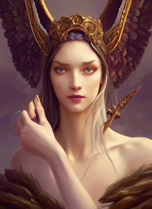 Image similar to portrait of a beautiful androgynous fallen angel, hyperborea lemuria, legendary, pixar doll decollete deep focus, d & d, fantasy, intricate, elegant, highly detailed, digital painting, artstation, concept art, matte, sharp focus, illustration, hearthstone, art by rhads by artgerm and greg rutkowski and alphonse mucha