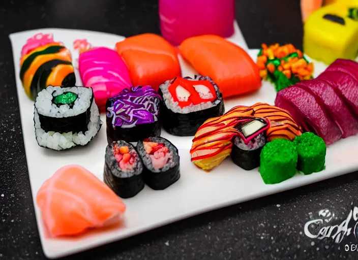 Image similar to dslr food photograph of candy sushi, 8 5 mm f 1. 8