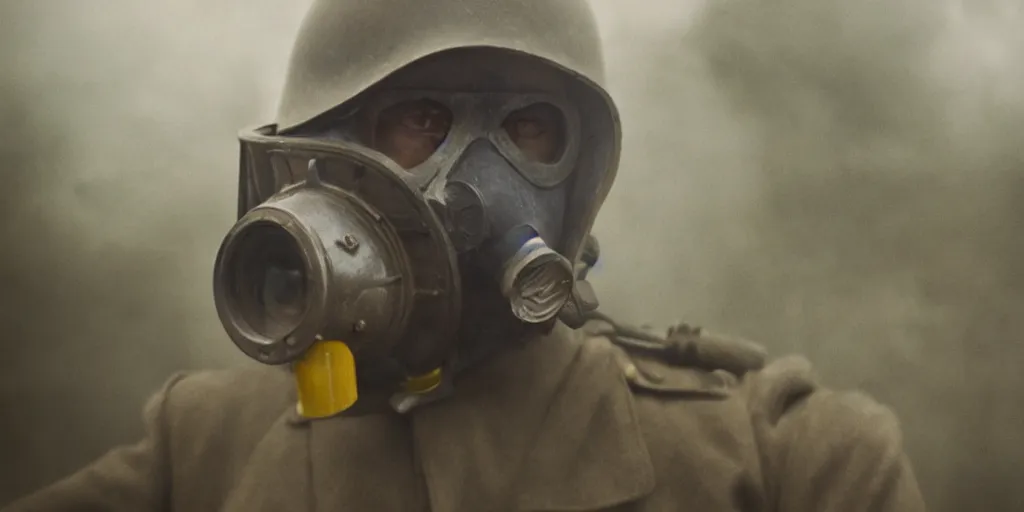 Image similar to wwi soldier wearing a gas mask, no man's land, yellow gas, cinematic, blue and yellow tones, atmospheric, anamorphic lens, shot on arri alexa