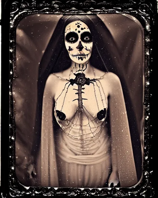 Image similar to tintype full body virgin mary dressed in dia de muertos makeup high quality photo, microchip, artificial intelligence, bio - mechanical bio - luminescence, black wired cables, neurons, nerve cells, cinematic, rim light, photo - realistic, high detail, 8 k, masterpiece, high fashion, in the style of steven meisel dora maar h. g. giger