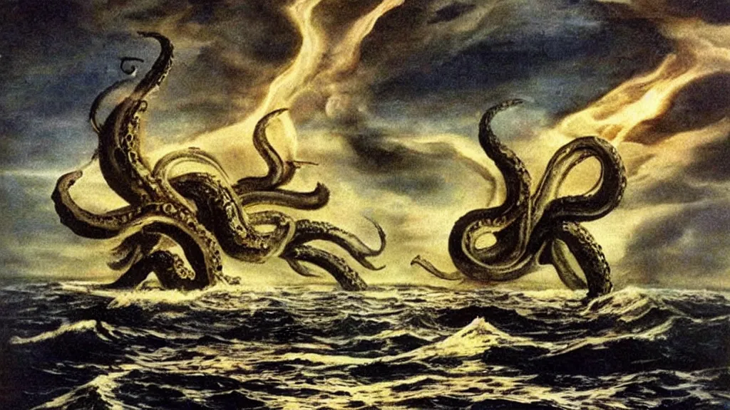 Image similar to a giant kraken emerges from the ocean on a beautiful dark night, flashes of lightning and fire, extraodinary masterpiece!!!!!!, by Salvador Dali