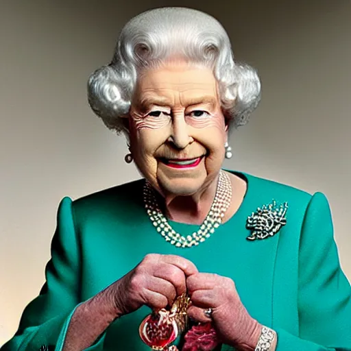 Prompt: A portrait photo of the Queen making a pog champ face with an open mouth