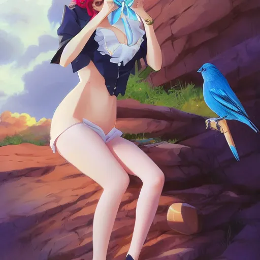 Image similar to colored pencil, anime art, beautiful full body female pinup girl, she is holding an indigo bunting bird, in her hand, the bird is wearing a bowtie, wlop, rossdraws sakimimichan, ilya kuvshinov, krenz cushart, greg rutkowski