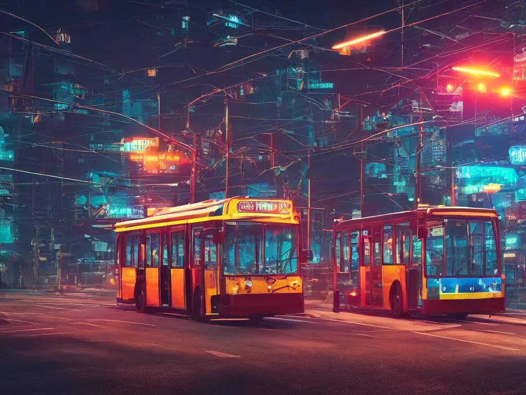 Image similar to trolleybus stands at a stop, headlights shine with neon light, atmospheric, futuristic, cyberpunk, ray tracing global illumination, 8 k resolution, ultra detailed