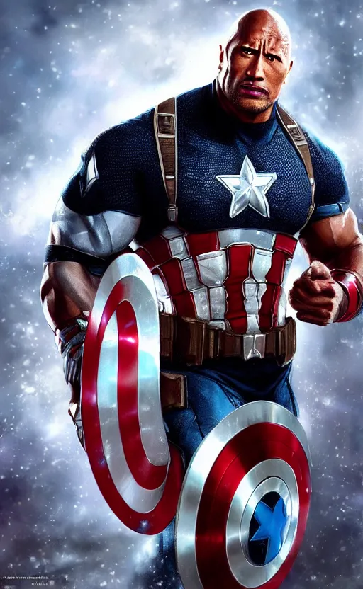 Image similar to dwayne johnson as captain america, dynamic lighting, cinematic, ultra detailed, trending on art station, stunning visuals, creative, fantasy concept art