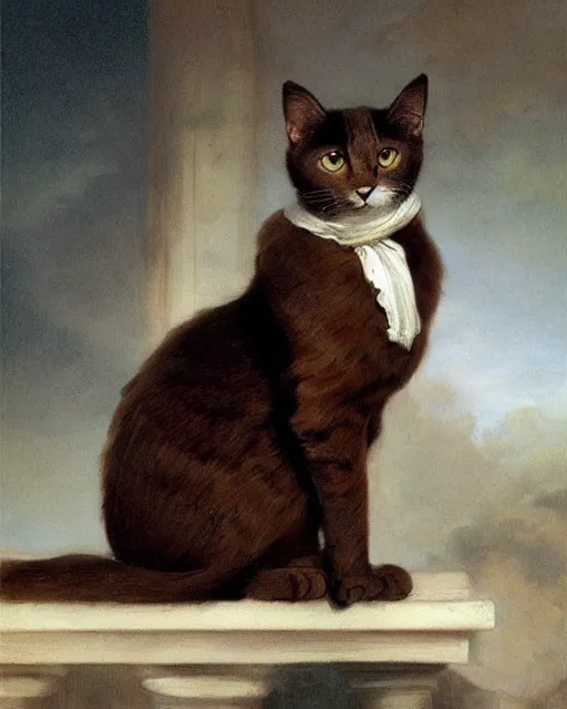 Prompt: cute brown cat with serious expression wearing regency era menswear in navy and white, thomas lawrence, greg rutkowski