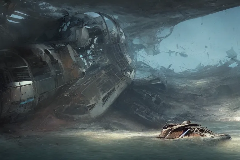 Prompt: a matte painting of a scavenger explorer floating in some water underneath old wreckage of a crashed space ship on a hot day, by alejandro burdisio, trending on cgsociety