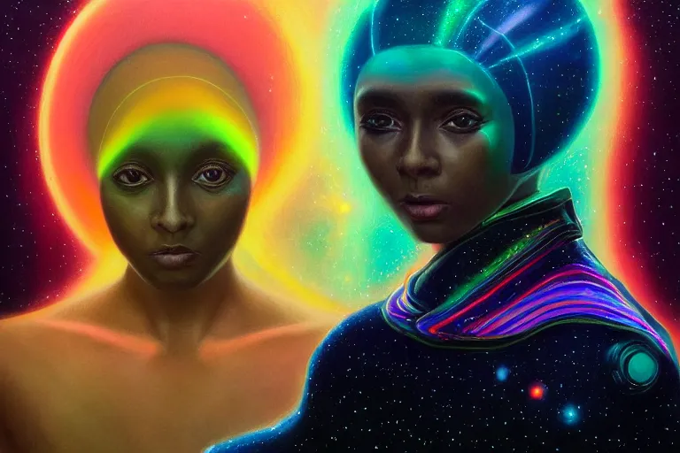 Image similar to patron saint of 🛸🌈👩🏾, futuristic iridescent clothing, wormhole, nebula, black hole, multiverse, neon god of city character portrait, in the style of margaret keane, moebius, tom bagshaw, and waterhouse, cinematic lighting, beautiful, elegant, oil painting,