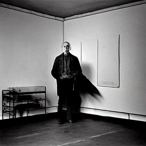 Prompt: underexposed photo of Marcel Duchamp in a room full with an ancient machine, tri-x, Irving Penn, Jeff Wall, archival pigment print, contemporary art