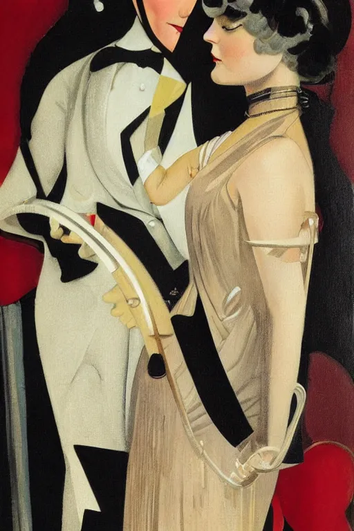 Image similar to a oil painting depicting a Jazz Age high society figure, 1920s style, smooth, highly detailed, high contrast, Coles Phillips, Dean Cornwell, JC Leyendecker, 8K