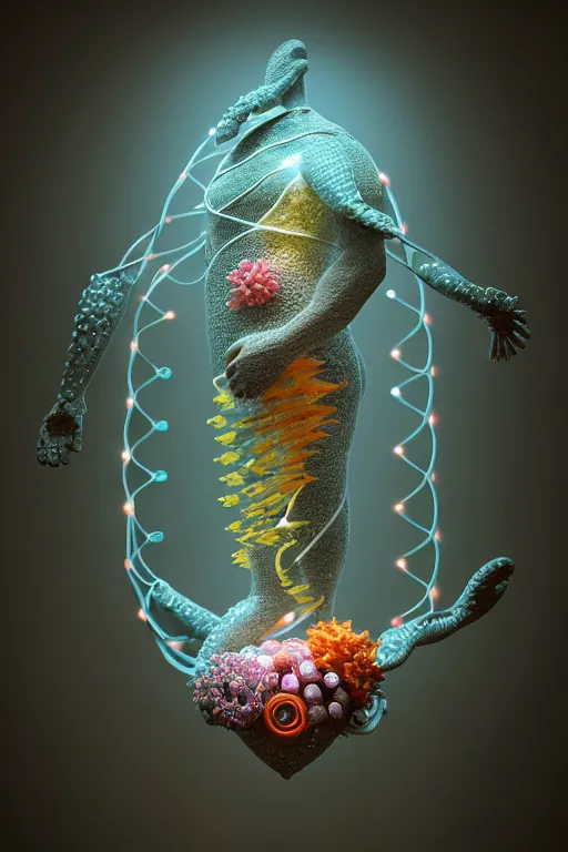 Image similar to a sculpture of fish ocean intertwined, diode lighting, a lovely cornucopia of flowers and human body parts, body parts, heart shaped, highly detailed, octane render, cinematic, shock, sharp focus, ball, an independent psycho, clean, studio lighting