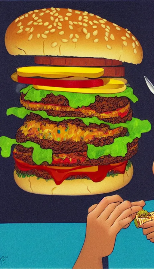 Image similar to nickelodeons doug eating a hamburger 1 9 9 1. portrait by jean giraud and anton otto fischer