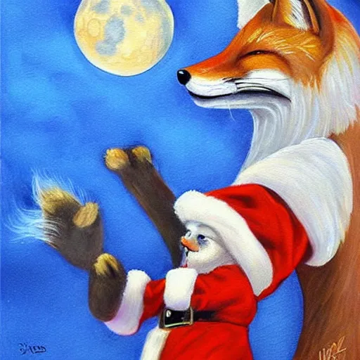 Prompt: fox animals who are wearing santa hats dancing on the moon, inspiring painting