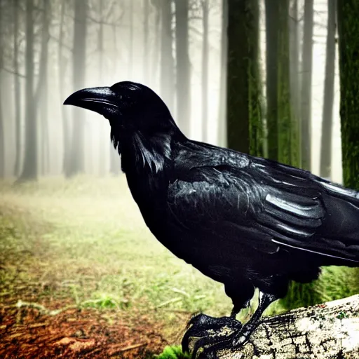 Image similar to crossbreed between a human male and crow, photograph captured in a forest