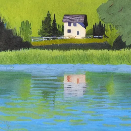 Image similar to painting of a house by a lake