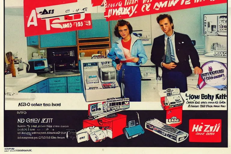 Image similar to a 1 9 8 5 electronics ad in the style of andy zito