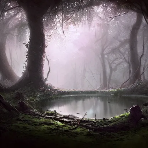 Image similar to a secret hidden pond in a magical mysterious forest, dark, very high detail, trees are covered in vines and ivy, digital painting by greg rutkowski, artstation, cinematic lighting