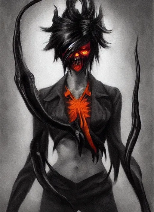 Image similar to dark portrait painting of tracer from overwatch, in style of zdzisław beksinski, scary, horror, overwatch tracer character, evil grin, detailed face, dressed in dark garment, black tendrils, tall,