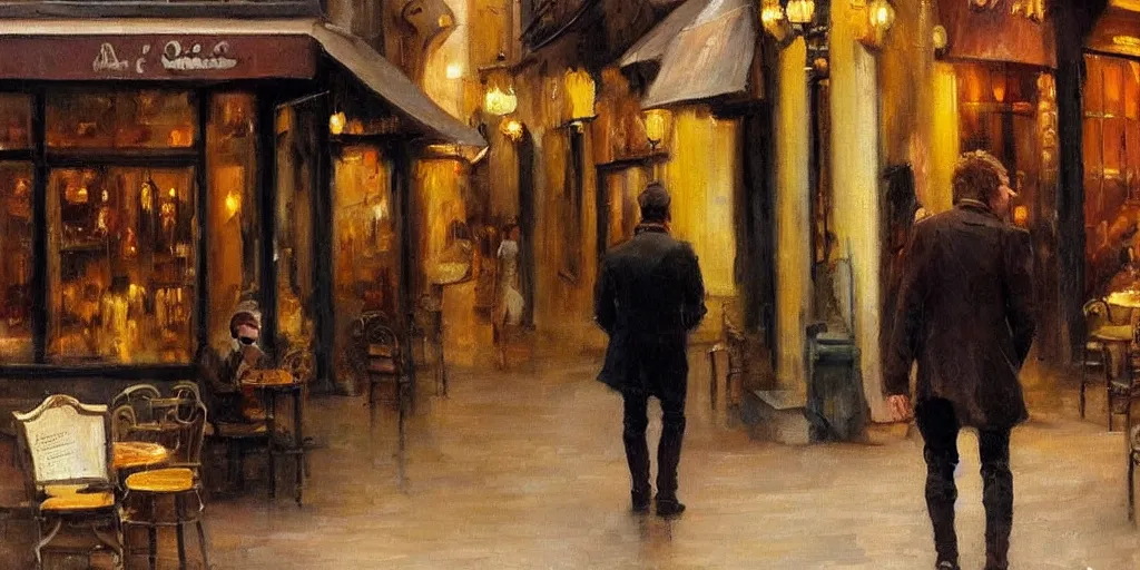 Prompt: we see ewan mcgregor from behind walking in a cafe at paris in early 2 0 th century. atmospheric feeling, warm colours, brown colours, yellow colours, epic scene, cinematic, very detailed, oil painting