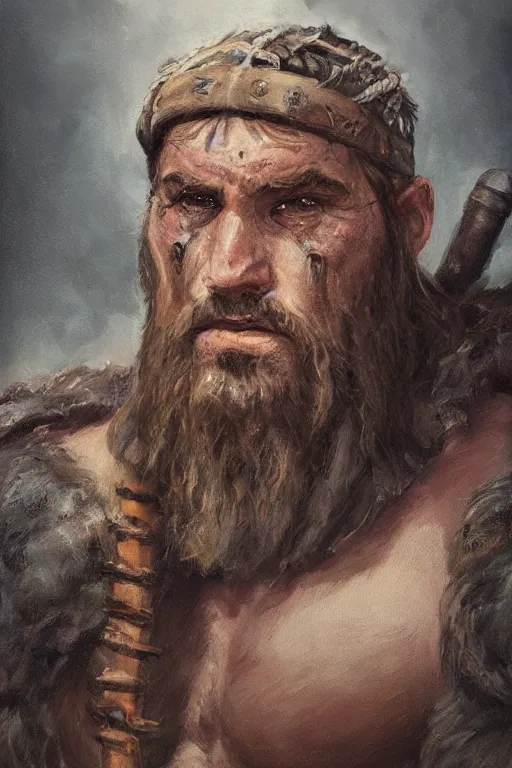 Image similar to a full body fantasy portrait oil painting illustration of a single rugged stoic barbarian man by Justin Sweet with face and body clearly visible, d&d, rpg, forgotten realms, artstation trending, high quality, sombre mood, artstation trending, muted colours, no crop, entire character,