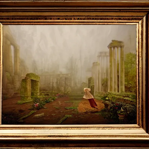 Image similar to a realistic painting hazy misty mythical spirit walking around the ruins of an old roman city in the style of elizabeth jane gardner