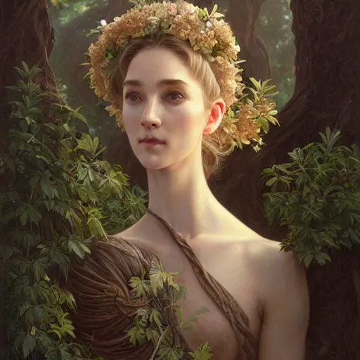 Prompt: portrait of a treefolk, intricate, elegant, highly detailed, digital painting, artstation, concept art, smooth, sharp focus, illustration, art by artgerm and greg rutkowski and alphonse mucha and william - adolphe bouguereau