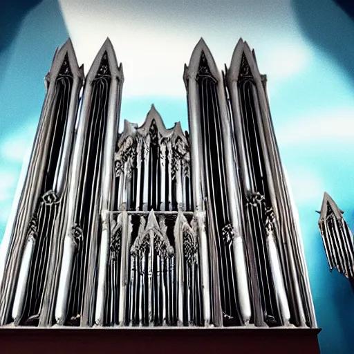 Image similar to a photorealistic endless nightmare cathedral with enormous organ pipes