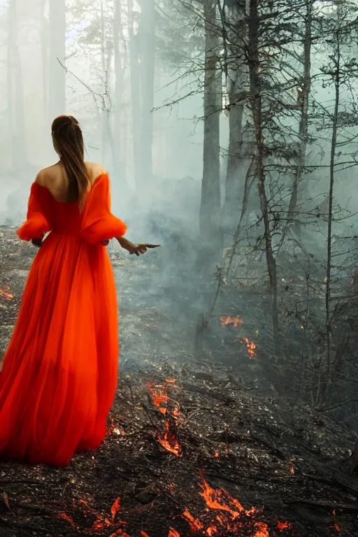 Prompt: the queen of fire wearing an orange and red beautiful dress walking on a burning forest, beautiful angle, aesthetic