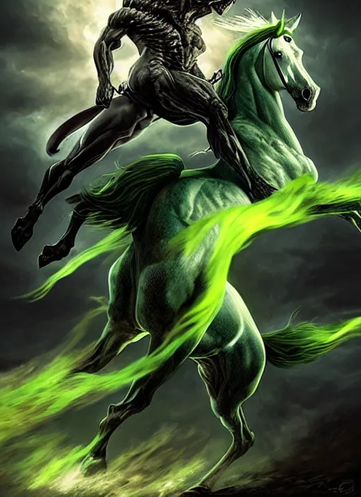 Image similar to the singular horseman of the apocalypse is riding a strong fierce ferocious rabid undead green stallion, horse is up on its hind legs, the strong male rider is death with a scithe, beautiful artwork by artgerm and rutkowski, breathtaking, dramatic