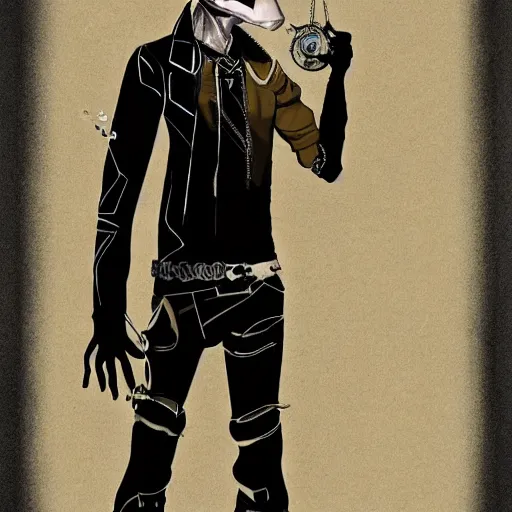 Image similar to cyborg male, slim, short hair, small scar on the chin, leather jacket with steampunk elements, one robotic arm and big shoes, book cover, deep shadows, by Dave McKean sketch lineart for character design