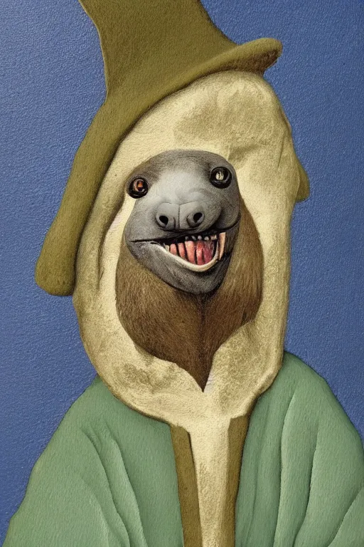 Image similar to silly hieronymus bosch creature. framed oil painting portrait of a sloth man with a silly hat and fancy felt robes. muted colour palette. negative space