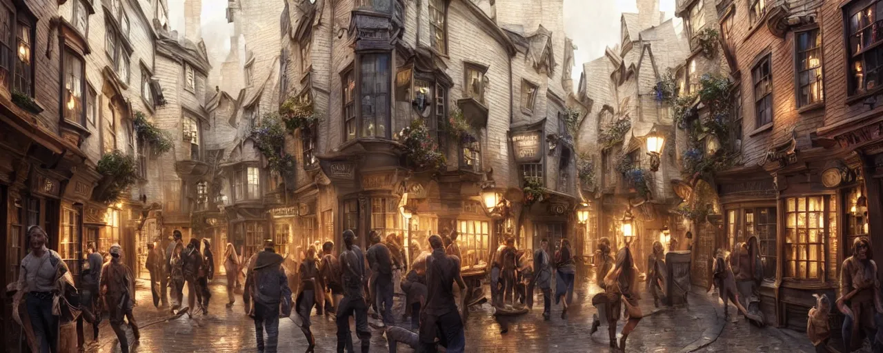 Image similar to most epic dramatic diagon alley scene. epic cinematic hyperrealism masterpiece. realistic poster with shaded lighting by craig mallismo, artgerm, jeremy lipkin and michael garmash, unreal engine, radiant light, detailed and complex environment, digital art, art station trends