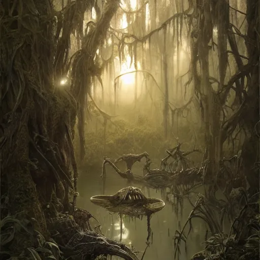 Image similar to rotten stem in the swamp at dusk, misty athmosphere, ultra realistic, concept art, intricate details, eerie, highly detailed, photorealistic, octane render, 8 k, unreal engine. art by ed binkley and ellen jewett and artgerm and greg rutkowski and alphonse mucha