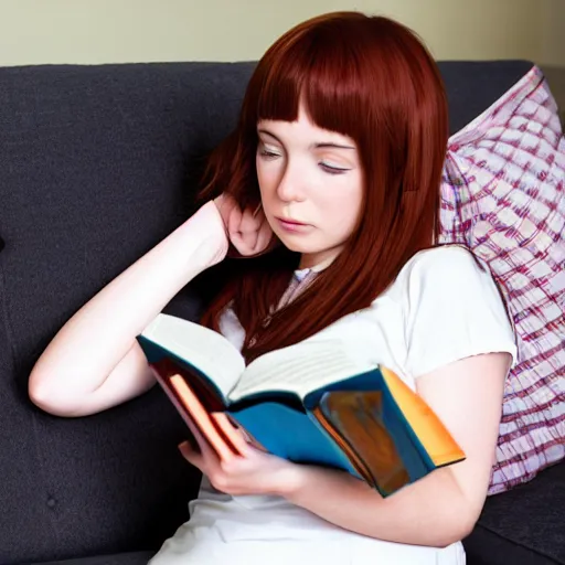 Prompt: Anime Girl reading a book on a sofa