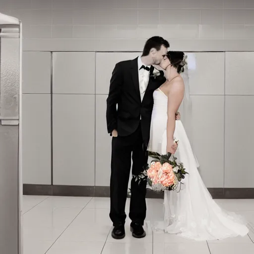 Prompt: a bride and groom hold each other inside a dirty airport bathroom, wedding photo